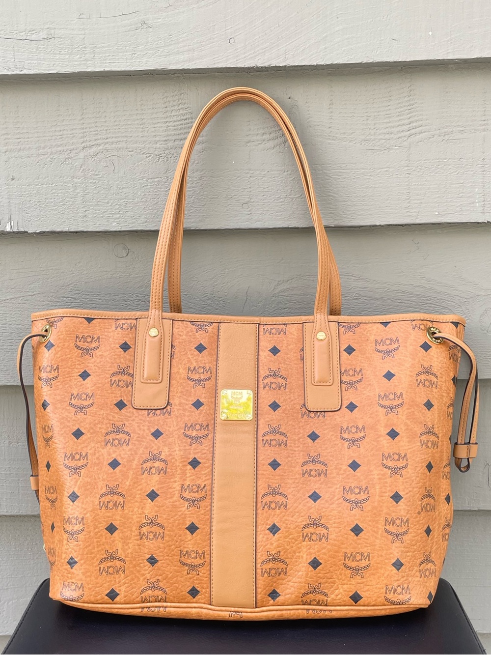 MCM  Liz Reversible Cognac Visetos Logo Canvas Tote with Gold Plaque